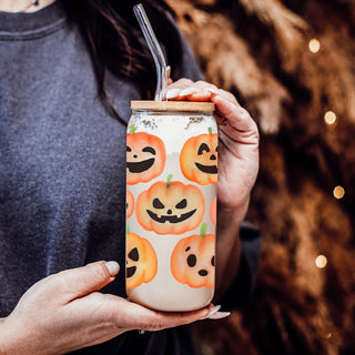 Halloween iced coffee tumbler
Pumpkin spice drink container
Glass tumbler with bamboo lid
20 oz reusable drink container