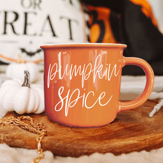pumpkin spice drinkware for cozy season
pumpkin spice mug on fall coffee bar
pumpkin spice latte mug with whipped cream
pumpkin spice mug next to mini pumpkins