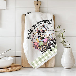 Funny Easter raccoon dish towel stay feral gingham
Raccoon Easter basket towel bunnies overrated humor
Stay feral kitchen towel funny raccoon Easter eggs
Chaotic Easter raccoon dish towel funny farmhouse spring