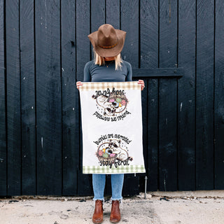 farmhouse easter towel funny rustic decor
gingham trim kitchen towel pastel easter design
modern farmhouse towel stay feral easter gift
boho easter kitchen towel with raccoon print
spring decor funny towel rustic kitchen
unique easter towel for farmhouse display