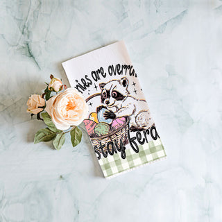 Hilarious raccoon dish towel stay feral Easter humor
Sassy Easter kitchen towel raccoon basket gingham
Clever raccoon towel bunnies overrated funny Easter
Humorous Easter dish towel raccoon eggs stay feral