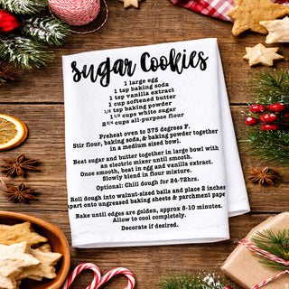 Sugar Cookie Recipes on a Kitchen Towel. 
Holiday Baker Gift Sets Unique
Holding Baking Gift ideas for mom or friends
Unique Holiday Baking Lover gift ideas
Baking Kitchen Towel Gifts and Decor
Christmas Farmhouse Kitchen