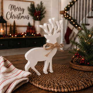 Christmas shelf décor featuring wooden deer figurines
White reindeer decorations in a modern farmhouse Christmas setting
Rustic holiday centerpiece with white wooden deer
Christmas table décor with freestanding reindeer figurines
White Christmas deer styled with pinecones and evergreen branches
Wooden reindeer decorations for a cozy winter home
Christmas entryway décor with white reindeer figurines
White wooden deer displayed beside a Christmas tree
Holiday console table decorated with white reindeer
