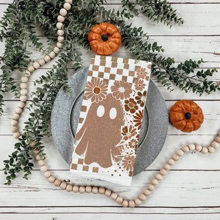 subtle spooky season towel for year round gothic décor
tan skull and ghost towel for apartment friendly halloween
retro inspired skull towel perfect for boho fall gift box