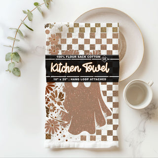 boho halloween skull towel on cutting board with herbs
70s inspired checkered halloween towel with floral skull
cute ghost and skull dish towel for autumn decorating