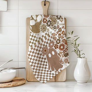 boho checkered skull towel for fall home décor
minimalist halloween ghost towel in tan and brown
spooky neutral fall dish towel with retro checks