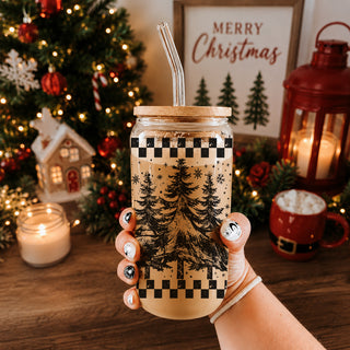 Christmas glass drinkware 17oz - Retro vintage tree holiday cup with glass straw - Checkered design kitchen gift
17oz vintage holiday glass tumbler - Retro Christmas tree coffee cup gifts - Checkered festive drinkware bamboo lid