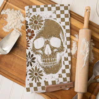 boho fall kitchen towel with skull, flowers and checkerboard
vintage skull and ghost tea towel hanging on oven handle
neutral spooky season towel for minimalist halloween décor