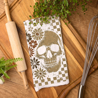 brown checkered skull towel for cabin or lodge kitchen
subtle skull and ghost towel for office halloween décor
neutral skeleton dish towel for small apartment kitchen