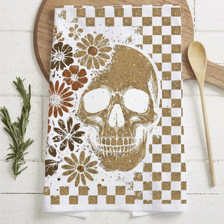 vintage style skull flour sack towel with daisies
retro halloween kitchen towel with ghost and skull design
neutral fall checkered towel for spooky kitchen décor