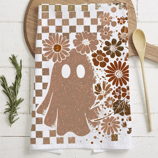 Wholesale retro checkered skull and ghost halloween kitchen towel
neutral boho halloween dish towel with skull and flowers
tan and brown checkered ghost tea towel for fall décor
