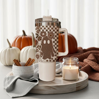 Floral checkered tumbler with spooky fall theme

Boho fall 40oz tumbler with ghost and skull print

Large retro tumbler with autumn checkered design

Halloween coffee tumbler with ghost and floral pattern

Stylish fall tumbler with vintage spooky aesthetic