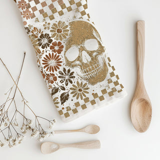 retro spooky vibes to your kitchen with this checkered skull and ghost Halloween towel. Featuring a tan and brown checkerboard pattern with daisies, a vintage-style skull and a cute ghost, this soft 100% flour sack cotton towel is perfect as a Halloween dish towel, tea towel or hand towel. 
