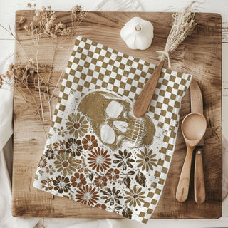 Kitchen Towel – Neutral Boho Fall Flour Sack Dish Towel
skull and ghost autumn kitchen towel for farmhouse décor
tan checkered halloween tea towel with floral skull art
warm neutral halloween towel for cozy fall kitchen
