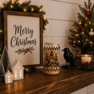 Retro Christmas gift idea - reusable glass tumbler with festive tree design
17oz retro Christmas glass tumbler - Vintage tree holiday coffee cup with bamboo lid straw - Festive kitchen gift