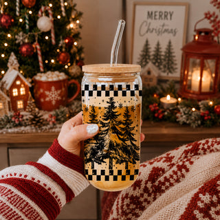 Buffalo check Christmas tumbler - retro tree holiday drinkware
Vintage holiday tumbler gift - Christmas tree glass with rustic design
Holiday drinkware retro glass cup 17oz - Vintage Christmas tree tumbler bamboo lid - Festive coffee gift with straw