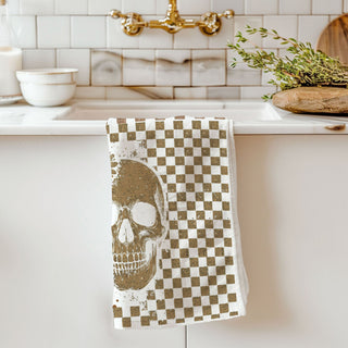 checkered skull and ghost towel for bar cart halloween styling
neutral spooky kitchen towel for subtle halloween decorations
vintage inspired skull and ghost cotton towel for fall gifting