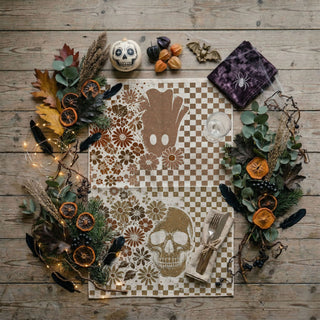 tan and white checkered halloween towel with floral accents
retro boho ghost towel perfect for fall coffee bar
skull and ghost flour sack towel for october kitchen styling