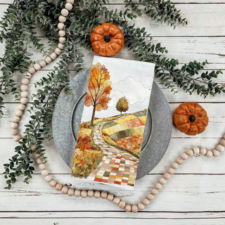 vintage fall countryside towel added to seasonal gift basket
classic autumn road towel for neutral farmhouse entryway
farmhouse kitchen fall towel with warm golden foliage