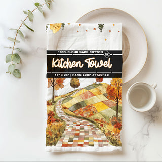 autumn countryside kitchen towel with trees and leaves
cozy season dish towel with painted fall road artwork
fall foliage landscape towel for thanksgiving hostess gift
country road in autumn cotton towel for rustic décor