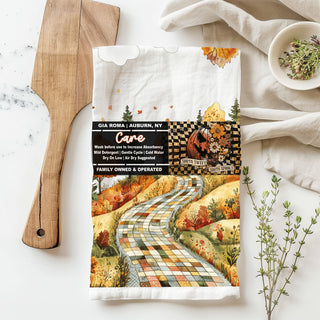 patchwork fall fields kitchen towel with winding lane
fall forest road towel for pumpkin spice coffee bar
harvest landscape dish towel with orange yellow trees
autumn village road style towel for cozy home décor
winding stone path towel for fall cabin kitchen
