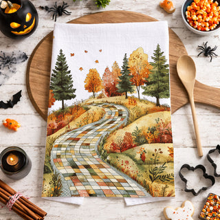rustic farmhouse fall path towel with patchwork fields
unique fall kitchen decoration with scenic autumn road
vintage inspired autumn trees towel for cozy home décor
