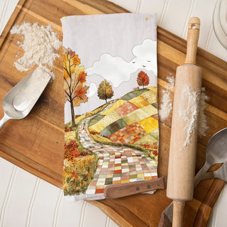 classic harvest landscape flour sack towel for country kitchen
farmhouse style fall dish towel with quilted hillside
unique autumn home décor towel with painted country lane