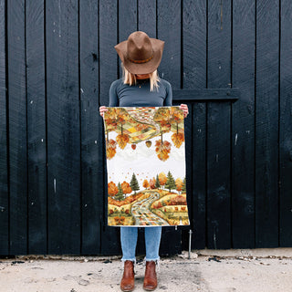 Wholesale fall kitchen décor towel with quilted path and orange trees
scenic autumn road dish towel for cozy cottage kitchen
winding fall path tea towel hanging on oven handle
colorful patchwork hillside towel with fall foliage in bulk