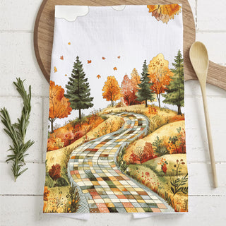 Wholesale patchwork road fall kitchen towel with autumn trees
winding quilt path dish towel for cozy fall décor
autumn landscape flour sack towel with colorful trees
fall road tea towel with patchwork fields and foliage