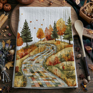 vintage watercolor fall road towel for cottage kitchen
classic fall foliage kitchen towel for traditional décor
farmhouse autumn tea towel with fields and winding trail