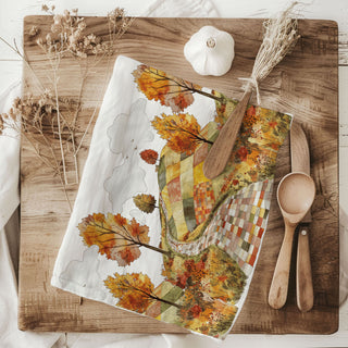 harvest landscape cotton towel for fall home décor
fall and thanksgiving kitchen towel with winding quilt road
autumn patchwork road dish towel for farmhouse kitchen
fall scenic road tea towel with colorful trees and hills