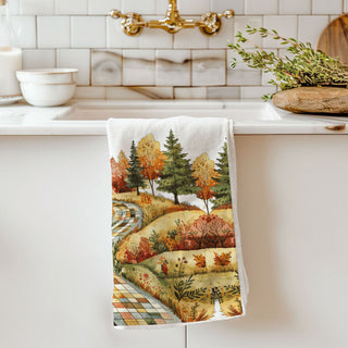 Wholesale unique scenic fall towel perfect for hostess or housewarming gift
vintage country road towel for rustic dining room décor
classic autumn kitchen towel for thanksgiving decorating
