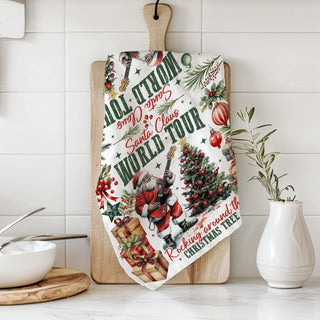 Christmas kitchen towel styled rustic wooden board Santa
festive Santa towel with farmhouse kitchen props
holiday kitchen towel styled cozy home decor