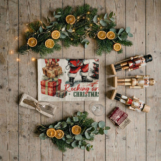 Santa performing Christmas kitchen decor towel
vintage rock Santa Christmas dish towel
festive musician Santa holiday towel
Christmas guitar theme kitchen linen
Santa Claus performance art kitchen towel
holiday decorating kitchen towel Santa
Christmas season home styling towel