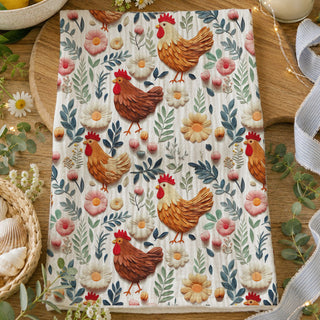 boutique chicken towel farmhouse spring
farmhouse easter towel floral chicken print
wholesale farmhouse towel bright spring design
limited edition chicken towel for boutiques
farmhouse floral decor kitchen towel