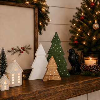 wholesale Christmas mantel décor with freestanding wooden trees
Holiday tabletop display with boxwood Christmas tree figurines
Wooden Christmas trees styled beside evergreen branches and pinecones
Festive wooden trees displayed in front of a Christmas fireplace
Boxwood tree decorations surrounded by warm holiday lights
Christmas centerpiece featuring three rustic wooden trees
Wooden holiday trees for a farmhouse Christmas display