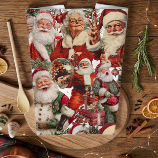Christmas kitchen towel styled on rustic wood board Santa
festive Santa towel with farmhouse kitchen props
holiday dish towel with wooden spoons styling
Christmas kitchen towel flat lay festive decor
Santa towel displayed in cozy holiday kitchen setting