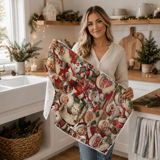 festive illustration kitchen towel Santa design
artistic Christmas Santa kitchen linen
holiday artwork towel Santa theme
graphic Santa Christmas kitchen decor towel
illustrated Santa collage dish towel