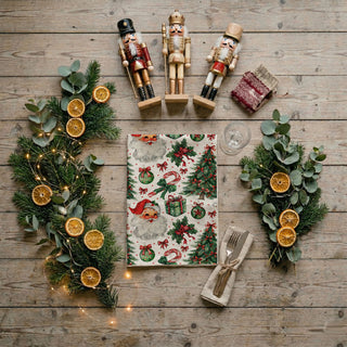 christmas towel with repeating santa and holiday icons pattern
festive kitchen towel full pattern christmas design red green
holiday dish towel all over santa tree ornament print
christmas kitchen towel detailed holiday illustration pattern
festive towel with repeating christmas elements kitchen decor