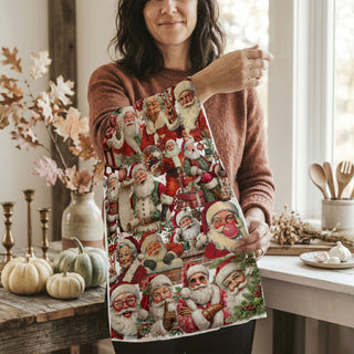 Wholesale woman holding funny Santa Christmas kitchen towel
holiday kitchen towel displayed Christmas home decor
festive Santa towel lifestyle Christmas setting
Christmas towel styled in cozy holiday home