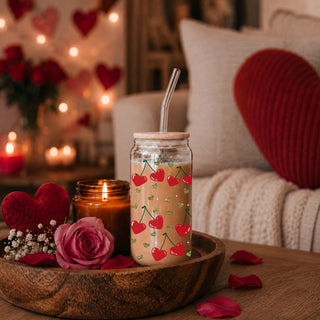 Bulk Fun 20oz glass cups with bamboo lid, glass straw, and retro "Self Love Club" design.
Stylish 20oz glass cups with bamboo lid and glass straw, featuring a red heart and cherry graphic.
Red heart and gold glitter 20oz glass cups with bamboo lid and glass straw for a trendy gift wholesale