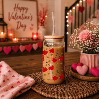 Wholesale Self Love Club 20oz glass cups with bamboo lid and glass straw for self growth and empowerment gifts.
20oz glass cups with bamboo lid and glass straw in bulk, featuring Self Love Club and red hearts for empowering gifts.
Valentines gift wholesale