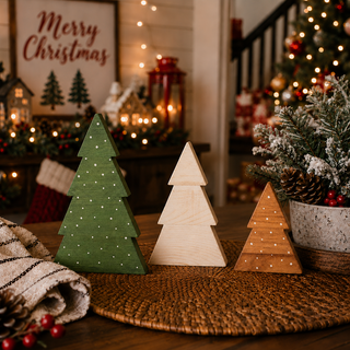 Green and white wooden Christmas tree decoration set
Natural wood Christmas trees with hand-painted snow accents
Three-piece boxwood Christmas tabletop decoration
Wooden holiday tree decorations for indoor display
Freestanding Christmas tree silhouettes made from boxwood
Medium white wooden Christmas tree
Small natural wood Christmas tree
Boxwood Christmas tree decorations
Wooden Christmas tree size comparison for tabletop décor