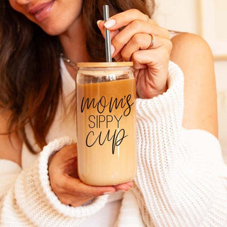 Mom's Sippy Cup Coffee Glass with Lid and Straws