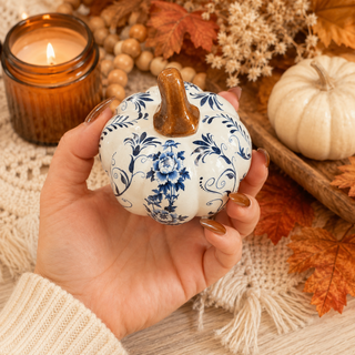 Classic blue and white pumpkin decor
Blue and white pumpkins for Halloween and fall
Decorative pumpkins with floral blue detailing
Chinoiserie fall home decor pumpkins
Blue and white ceramic pumpkins for tablescape
Blue floral pumpkins for seasonal shelf styling