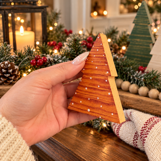 brown wooden Christmas tree with white snow accents
set of three wooden Christmas trees in different sizes