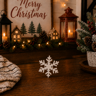 Wooden Christmas snowflakes for a holiday centerpiece
White snowflake accents for floating shelves
Small snowflake decorations for tiered tray décor
Christmas snowflakes for a holiday village display
Indoor Christmas snowflake decorations for shelves and tables
Decorative white snowflakes with assorted six-point designs
Freestanding wooden snowflakes for Christmas and winter decorating