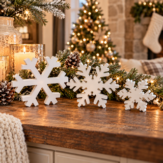 rustic wooden snowflake decor with pinecones berries and Christmas lights
white wooden snowflakes displayed on farmhouse Christmas table