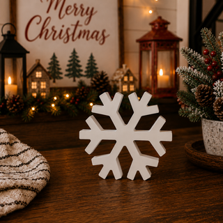 White Christmas snowflakes displayed on a rustic wood shelf
Snowflake decorations styled beside a Merry Christmas sign
Holiday shelf décor with white wooden snowflakes
Christmas fireplace display featuring freestanding snowflakes
White wooden snowflakes surrounded by warm holiday lights
Festive winter tabletop display with assorted snowflakes
Christmas console table décor with white snowflake accents
White snowflake figurines displayed with candles and greenery