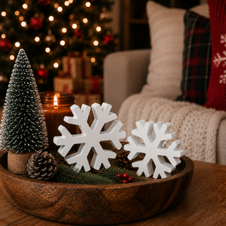White wooden snowflakes displayed in a cozy Christmas home
Christmas mantel décor featuring white snowflake decorations
Freestanding white snowflakes styled with holiday greenery
Wooden snowflake decorations beside a glowing Christmas tree
White snowflake figurines in a rustic holiday display
Farmhouse Christmas décor with freestanding wooden snowflakes
White winter decorations styled with evergreen branches and lights
Wooden snowflake tabletop décor in a festive living room
